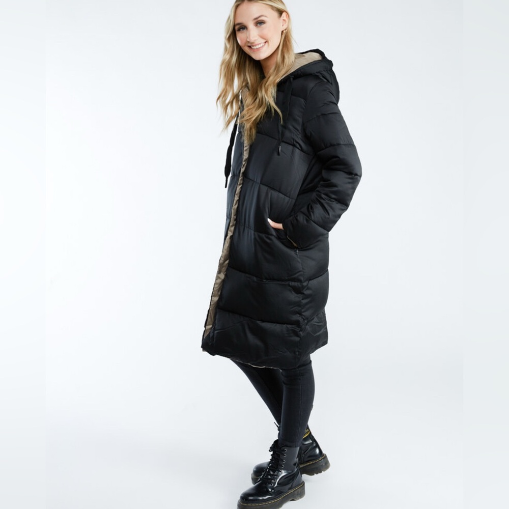 Dex $195 Reversible Puffer Coat Jacket Winter Fall Black Brown‎ Taupe